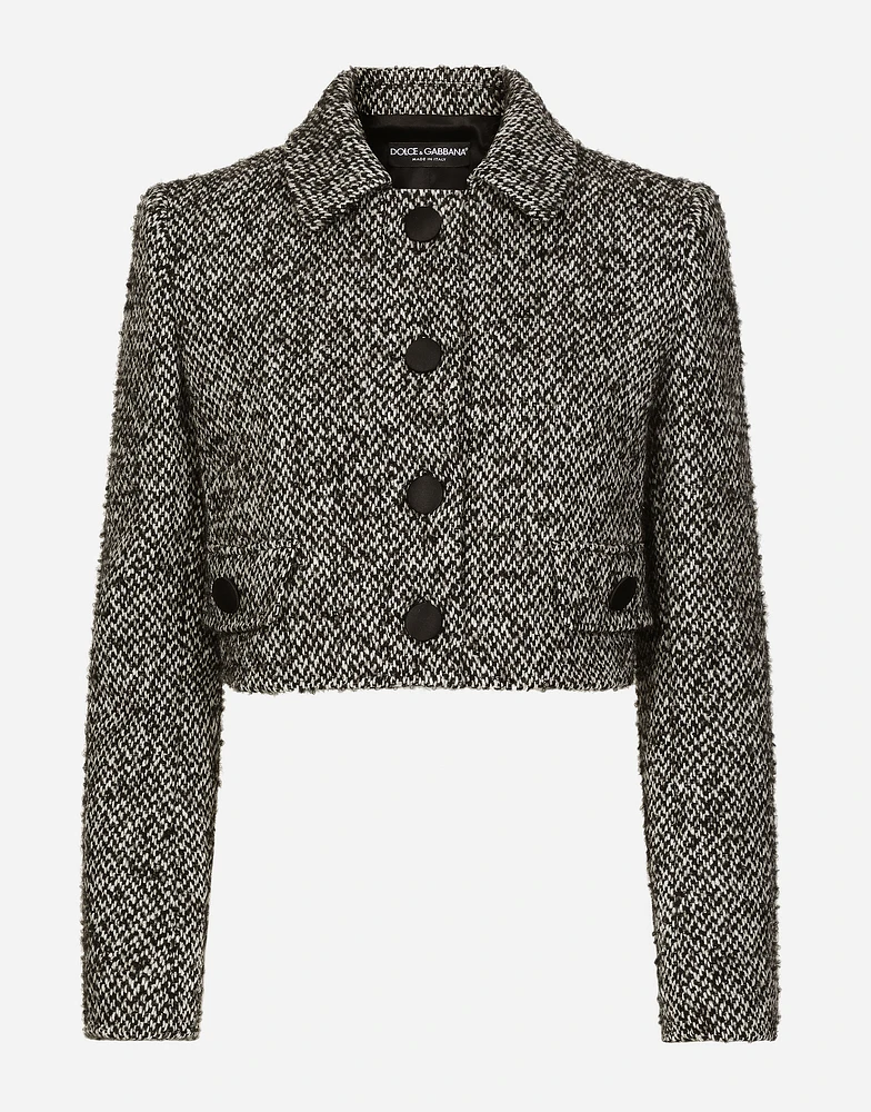 Short wool micro-tweed jacket