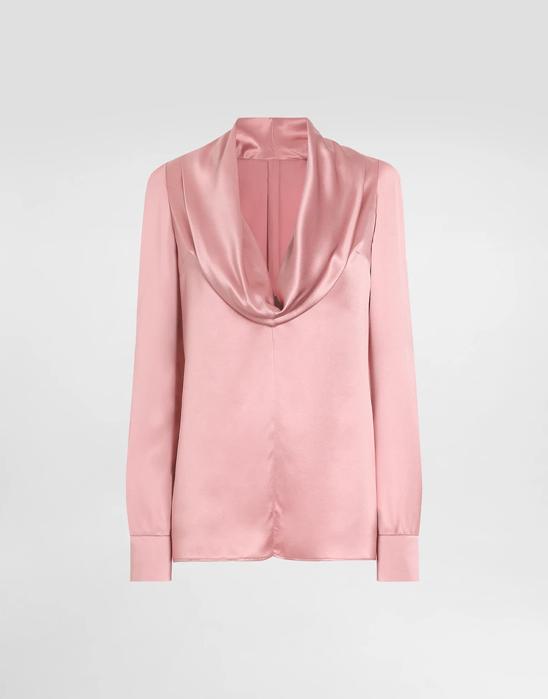 Silk satin blouse with shawl neck
