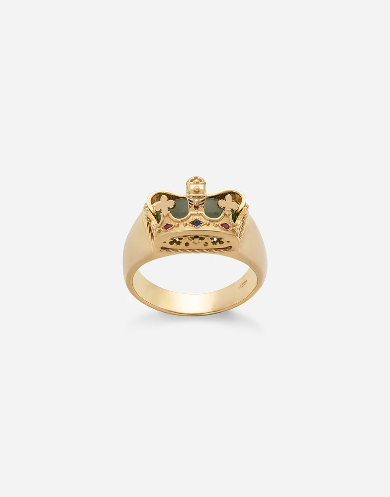 Royal Ring 18-carat yellow gold, green jade, rubies, and blue sapphire