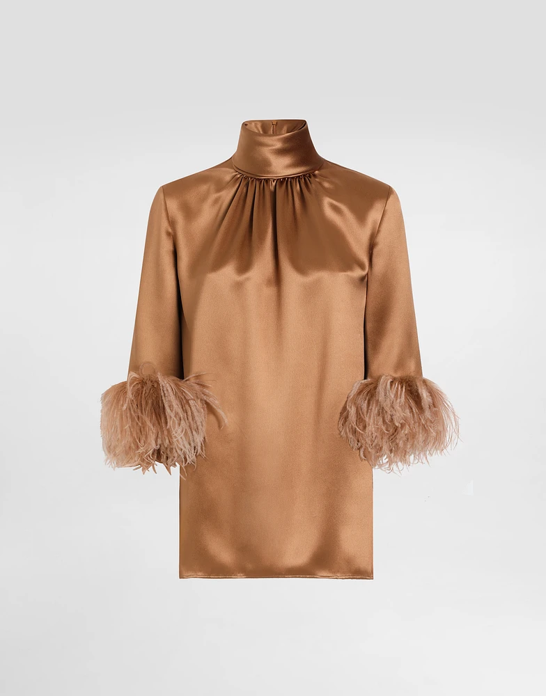 Double satin turtle-neck top with feathered detailing