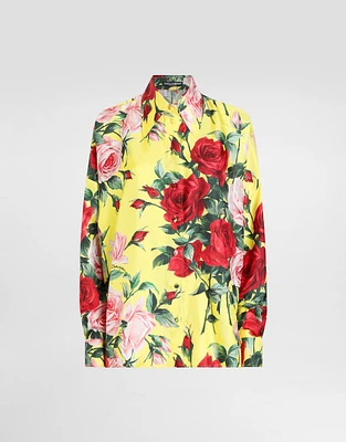 Oversize bouquet-print silk twill shirt