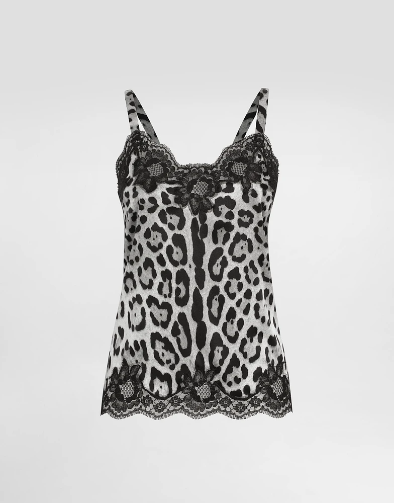 Leopard-print stretch silk satin lingerie-style top