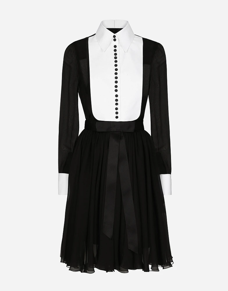 Chiffon midi shirt dress with piqué cuffs and front