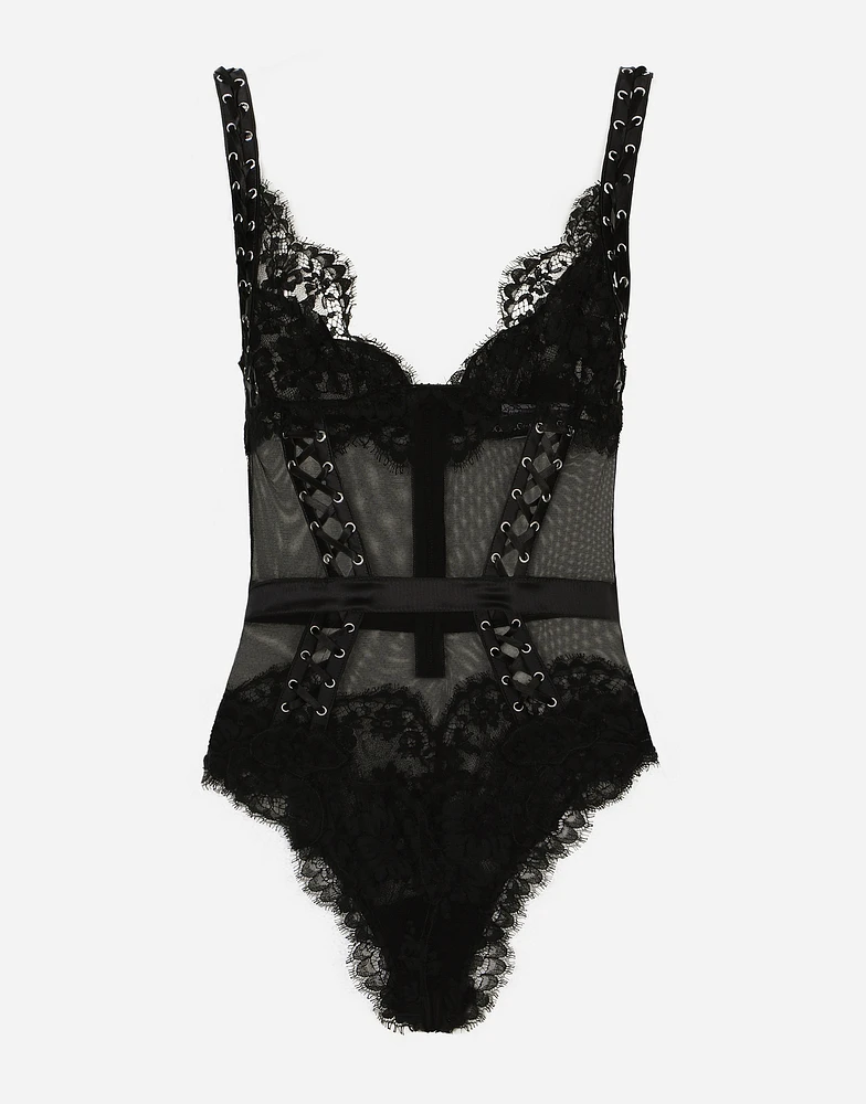 Lace and tulle bodysuit with lacing eyelets