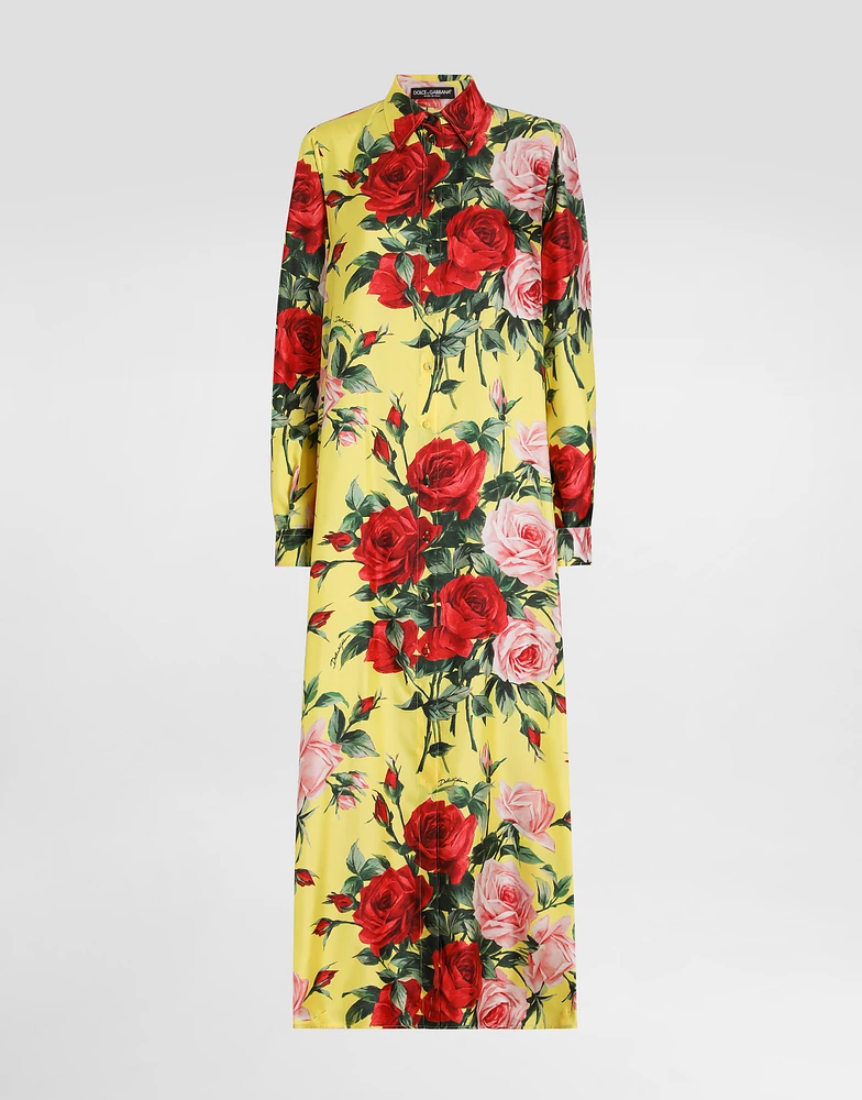 Long silk satin caftan with bouquet print