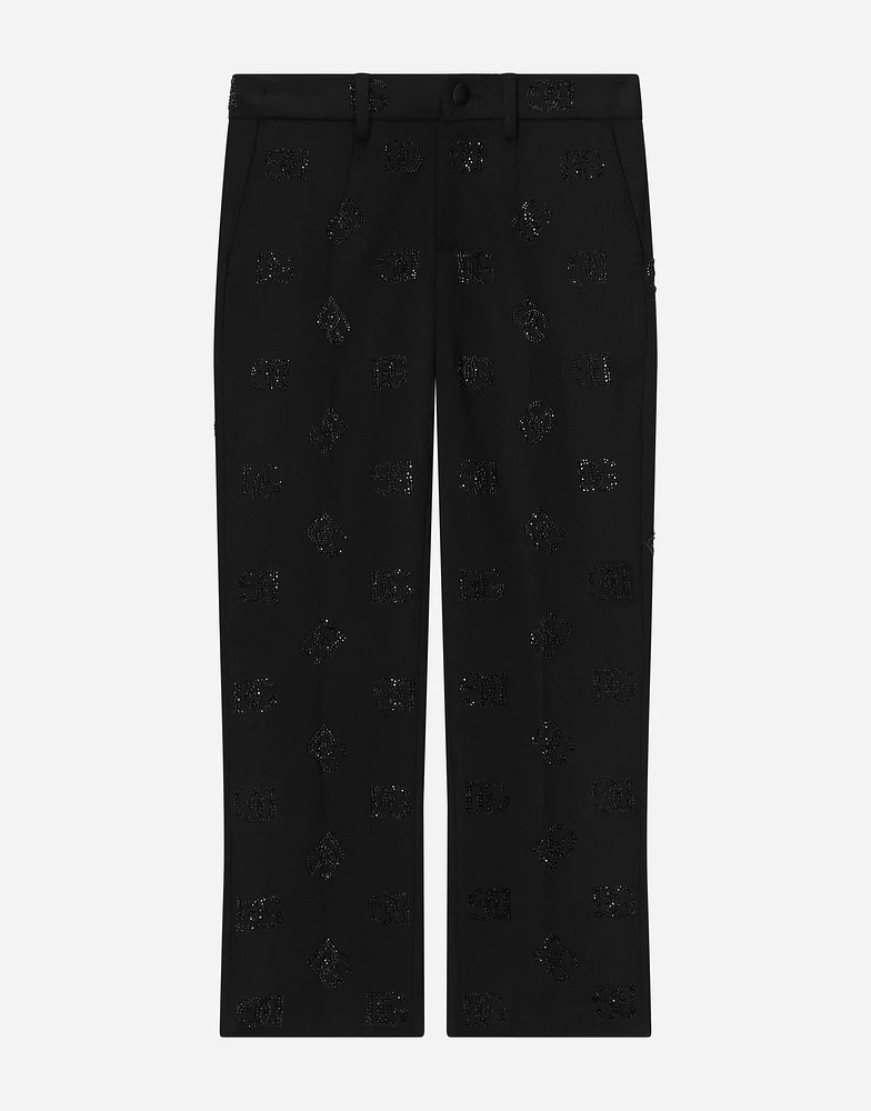 Classic wool pants with all-over fusible-rhinestone logo