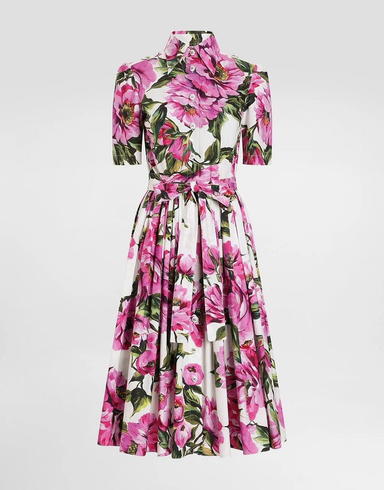Cotton calf-length shirt dress with peony print