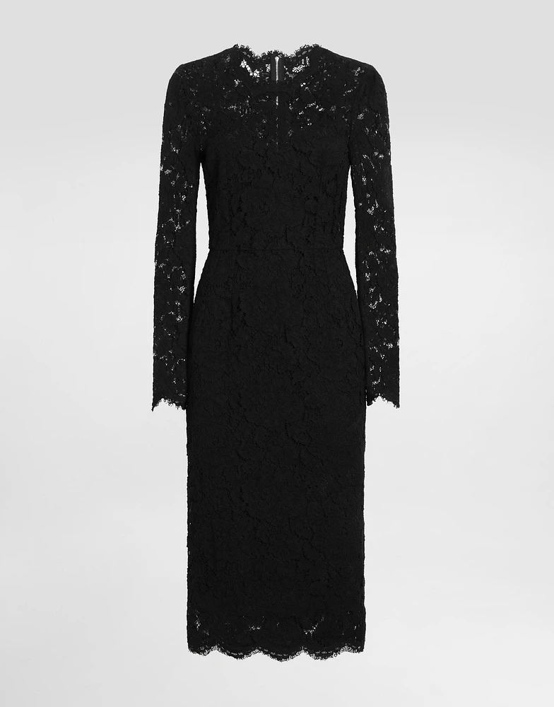 Long-sleeved calf-length dress branded stretch lace