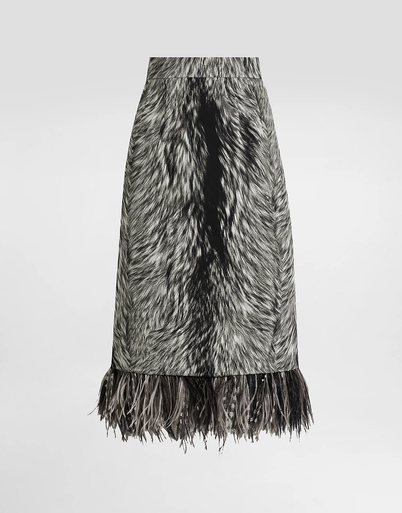 Charmeuse calf-length pencil skirt with fur print and feathered detailing
