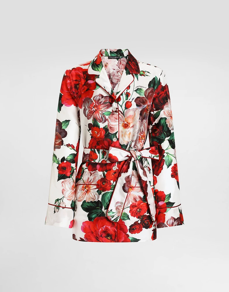 Long-sleeved twill pajama shirt with rose print