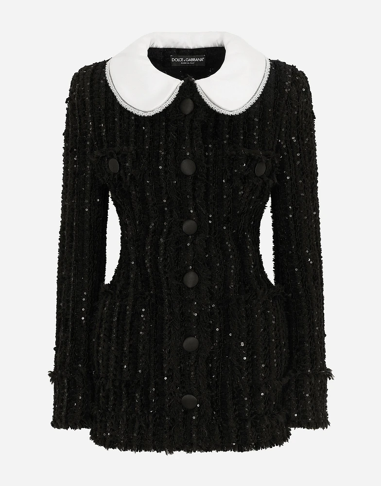 Tweed jacket with micro-sequin embellishment and satin collar