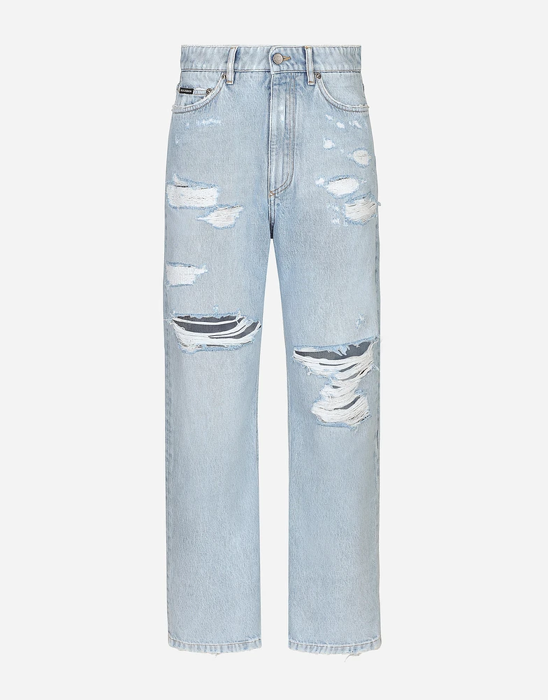 Cotton denim boyfriend jeans with rips