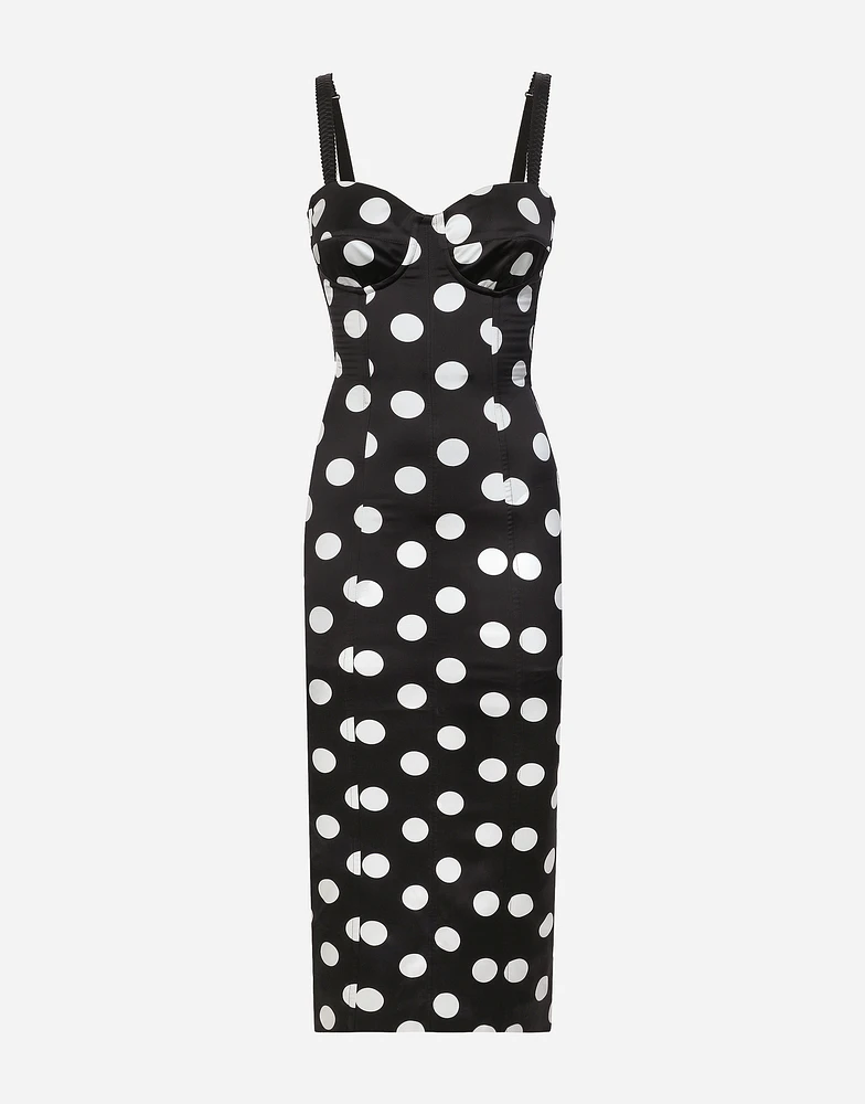 Satin midi dress with polka-dot print and corset details