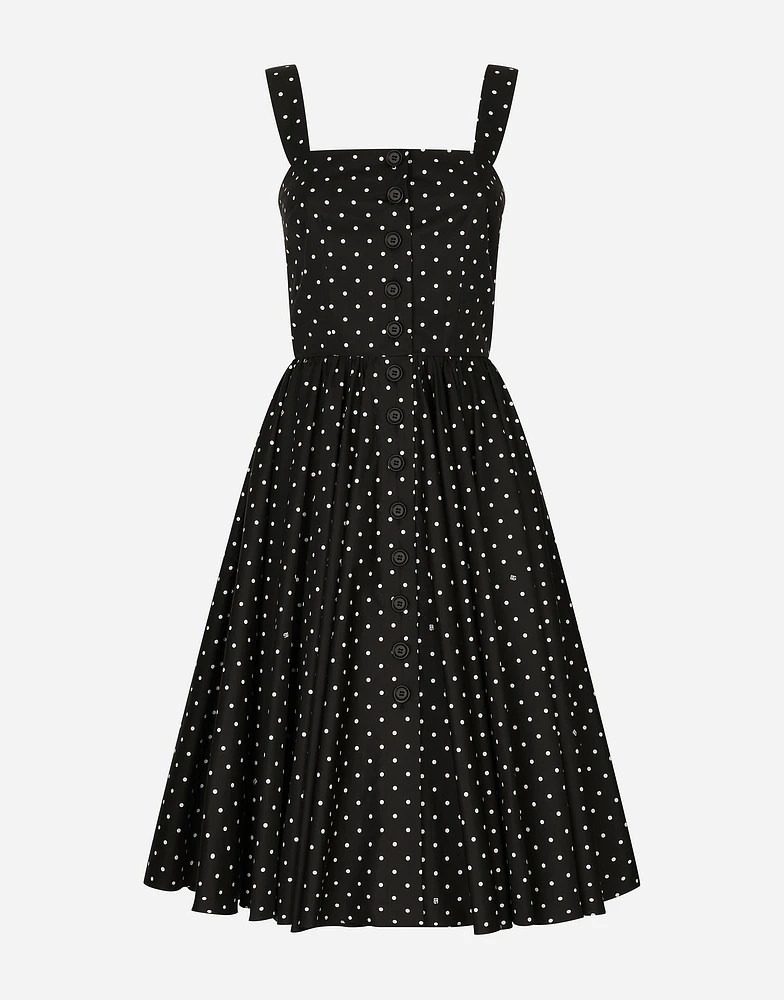 Calf-length cotton dress with polka-dot print