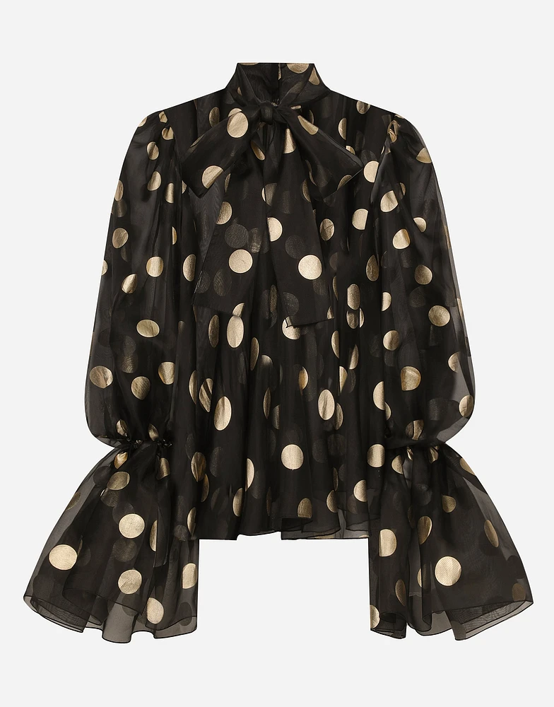 Silk organza jacquard blouse with polka-dot design and pussy-bow