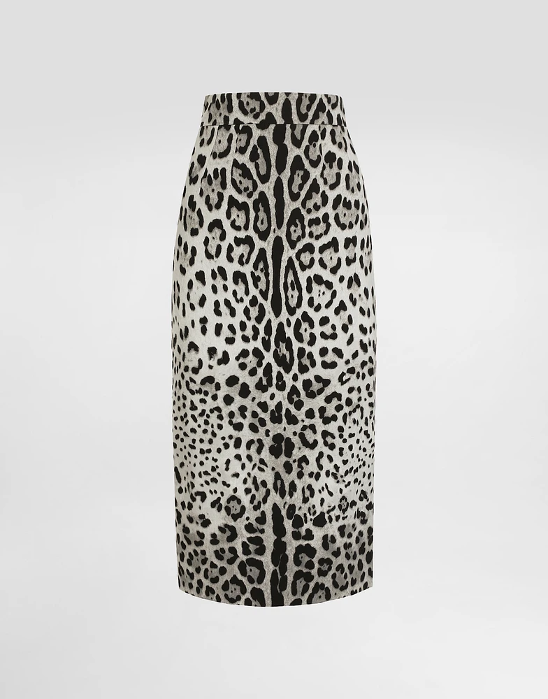 Charmeuse calf-length pencil skirt with leopard print