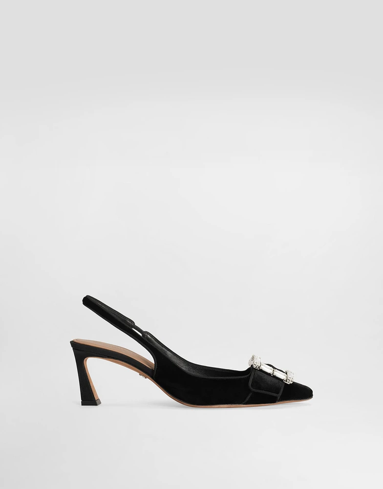 Velvet slingbacks with bejeweled buckle