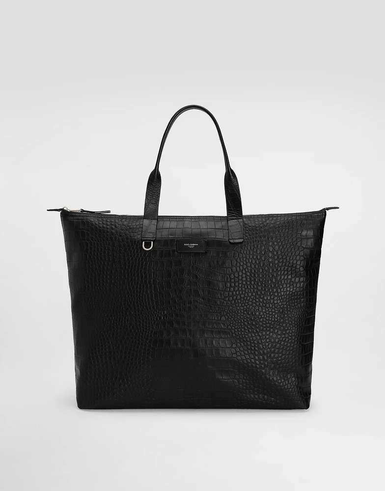 Large crocodile-print calfskin shopper