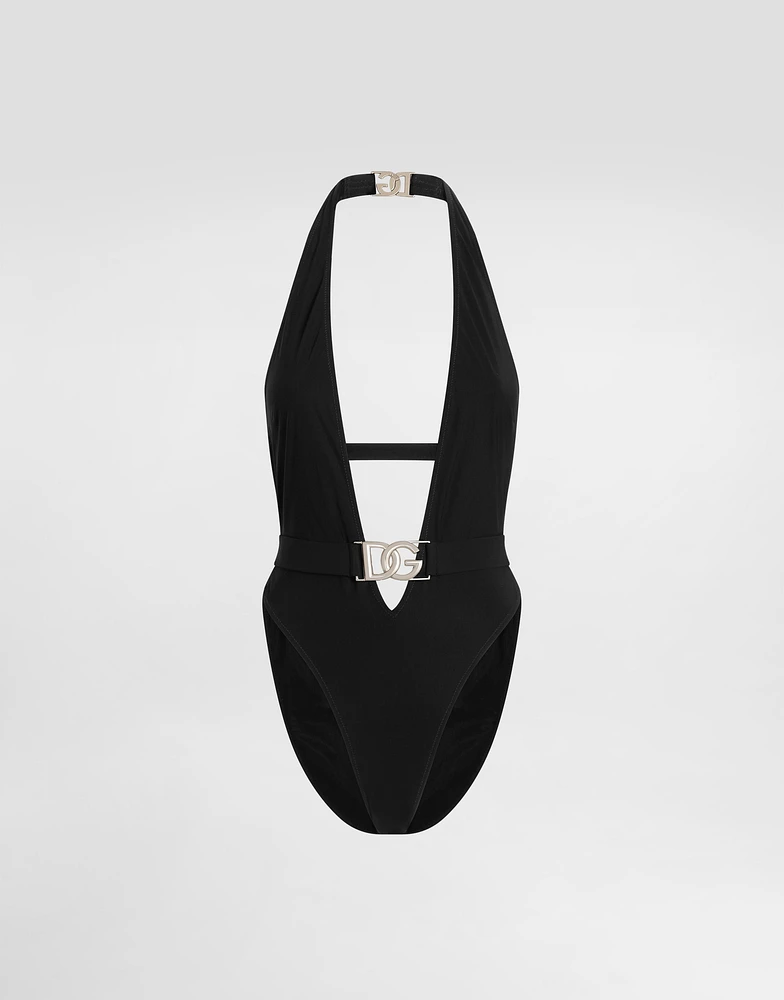 One-piece swimsuit with plunging neck and belt