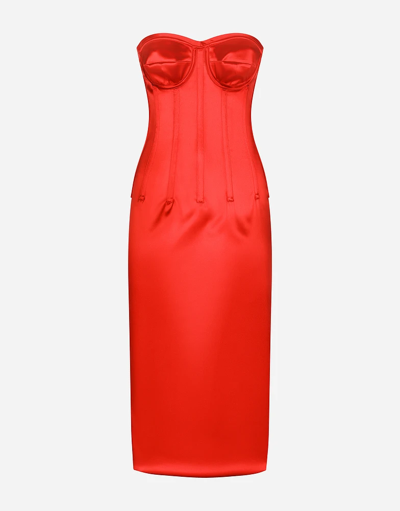 Satin calf-length dress with corset details