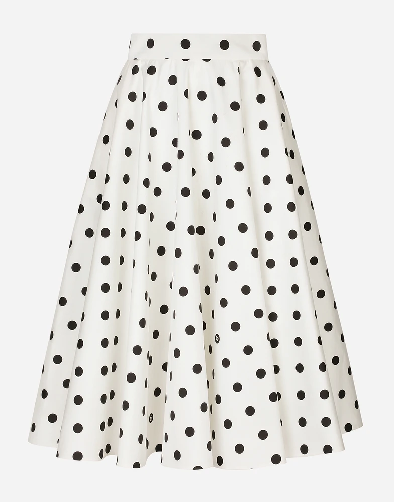 Cotton drill calf-length circle skirt with polka-dot print
