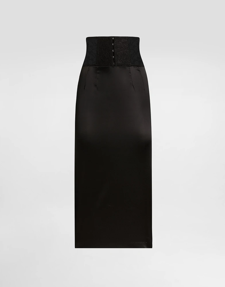 Satin calf-length skirt with corset-style belt detail