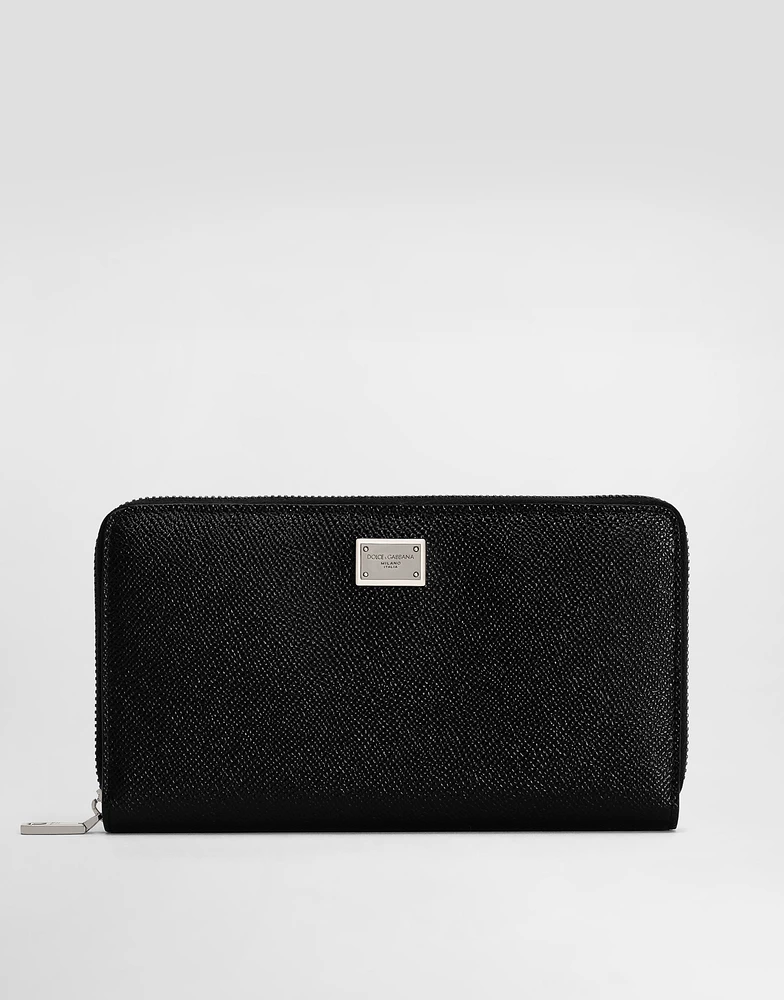 Calfskin zip-around wallet with branded plate