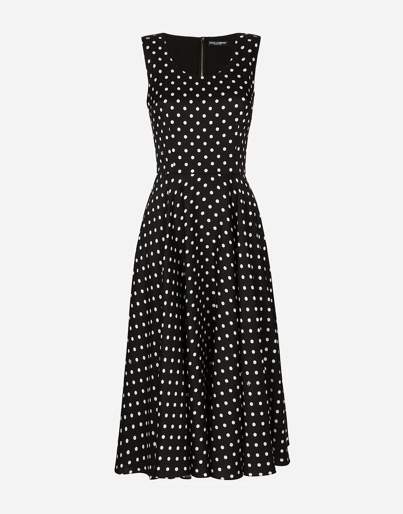 Silk charmeuse calf-length circle-skirt dress with polka-dot print