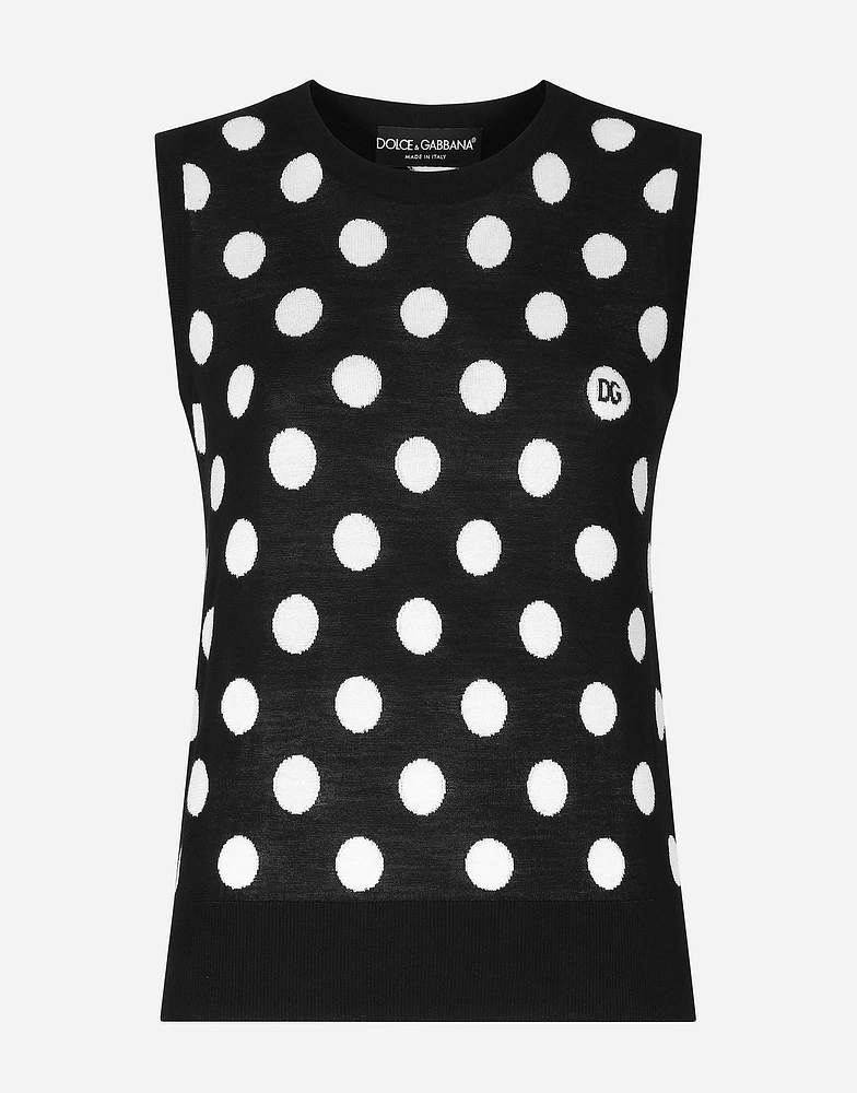 Silk and wool tank top with polka-dot inlay