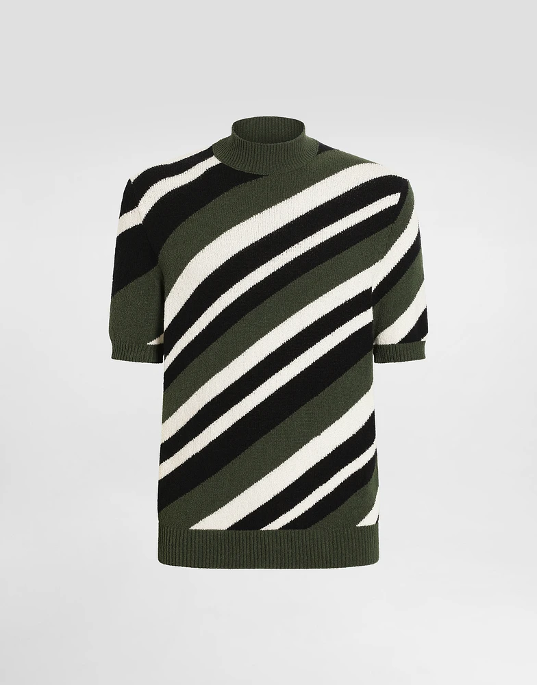 Short-sleeved cotton mock-turtleneck with striped inlay