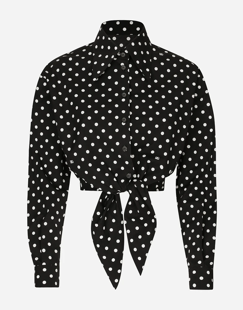 Cropped cotton poplin shirt with knot detail and polka-dot print