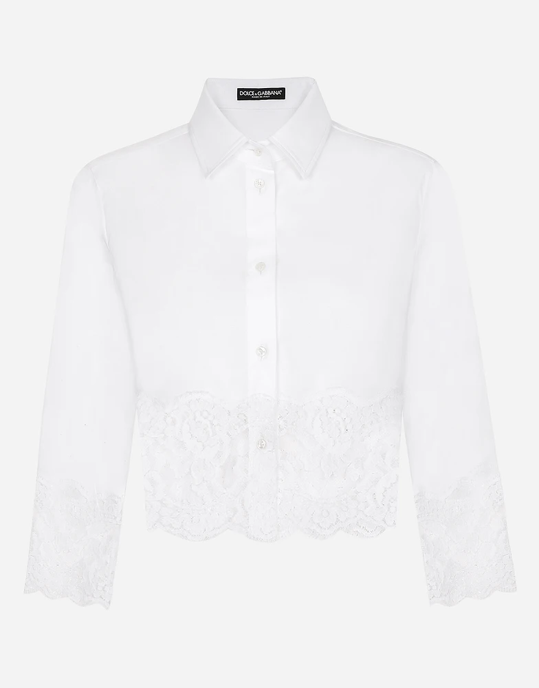 Cropped poplin shirt with lace inserts