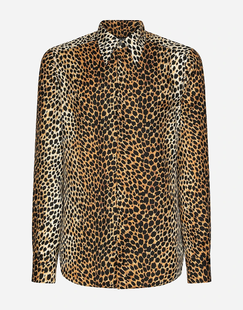 Silk twill Martini-fit shirt with ocelot print