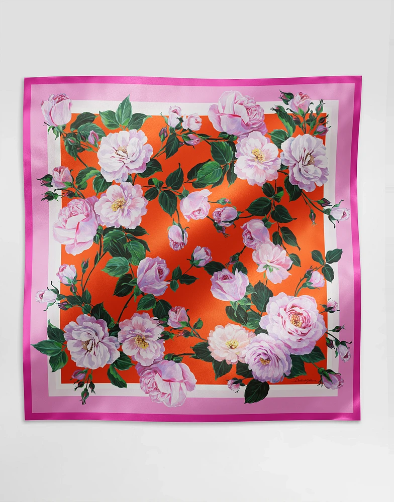 Rose-print silk twill foulard (90x90)