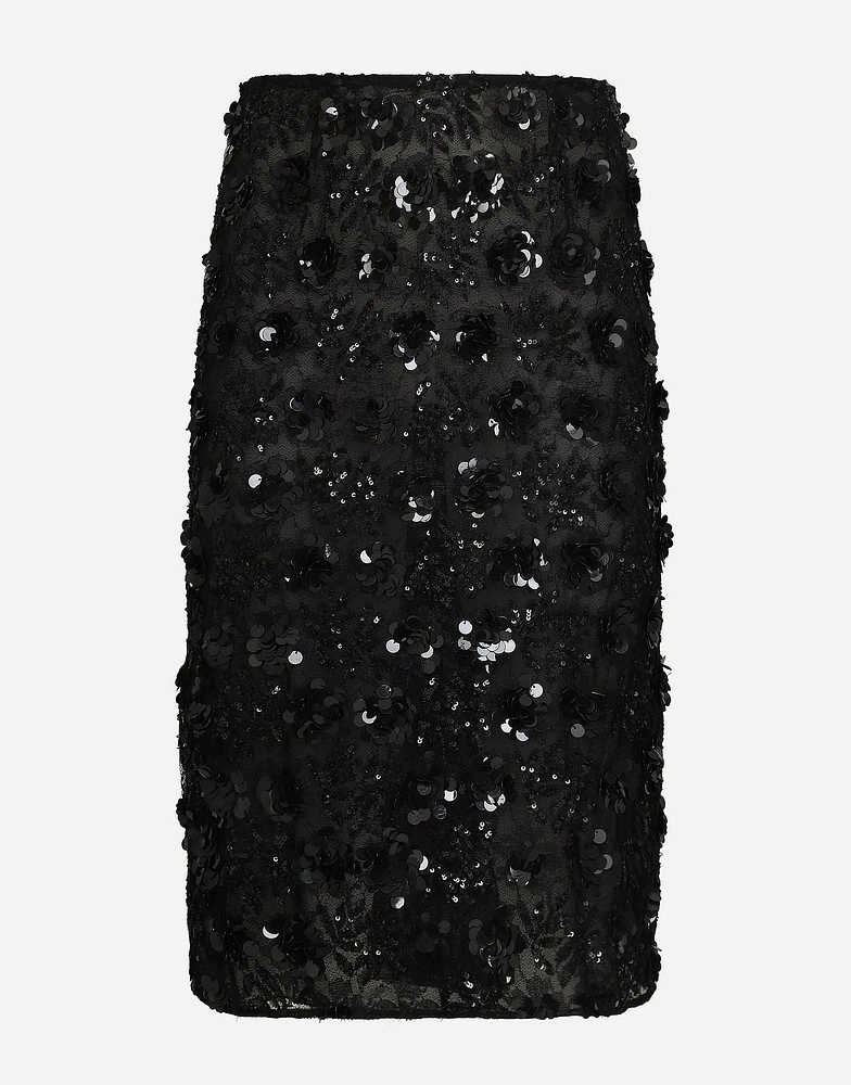 Lace calf-length skirt with all-over sequins