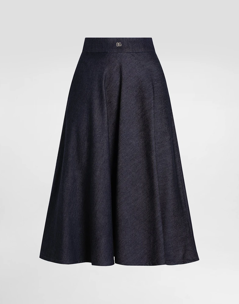 Denim calf-length circle skirt with DG logo pin
