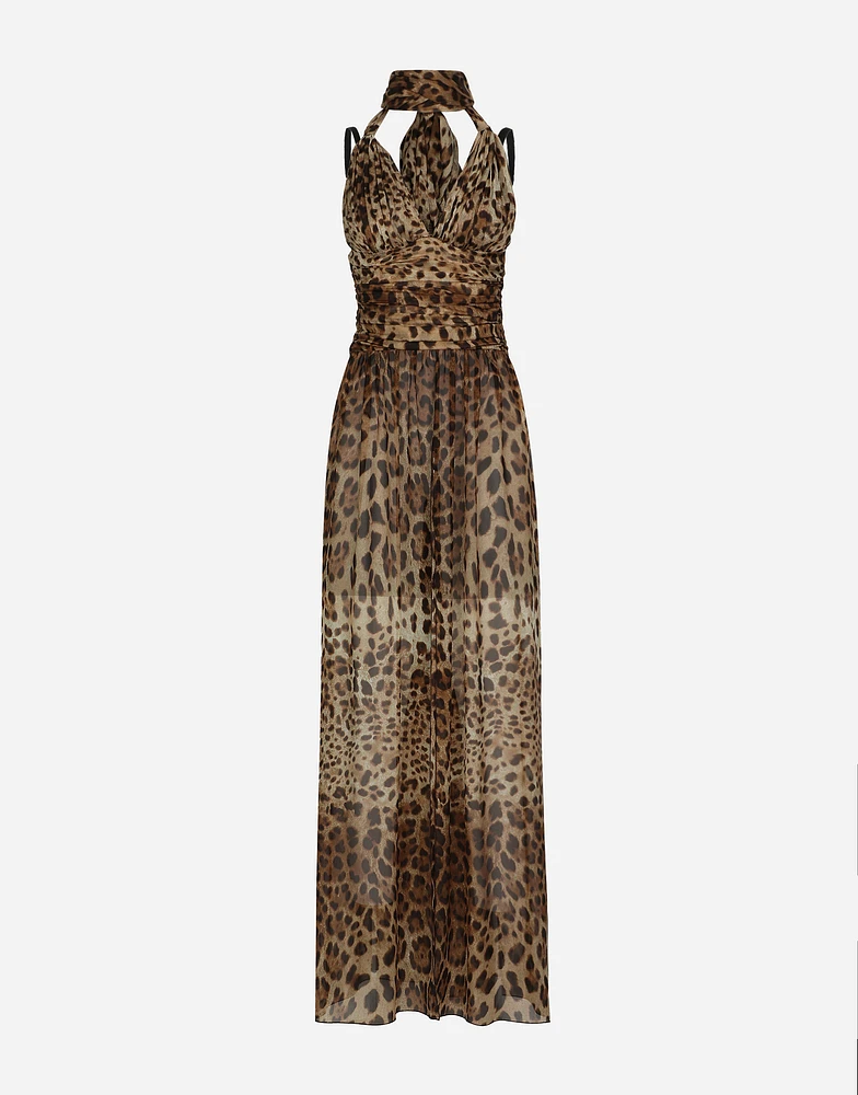 Long leopard-print chiffon dress