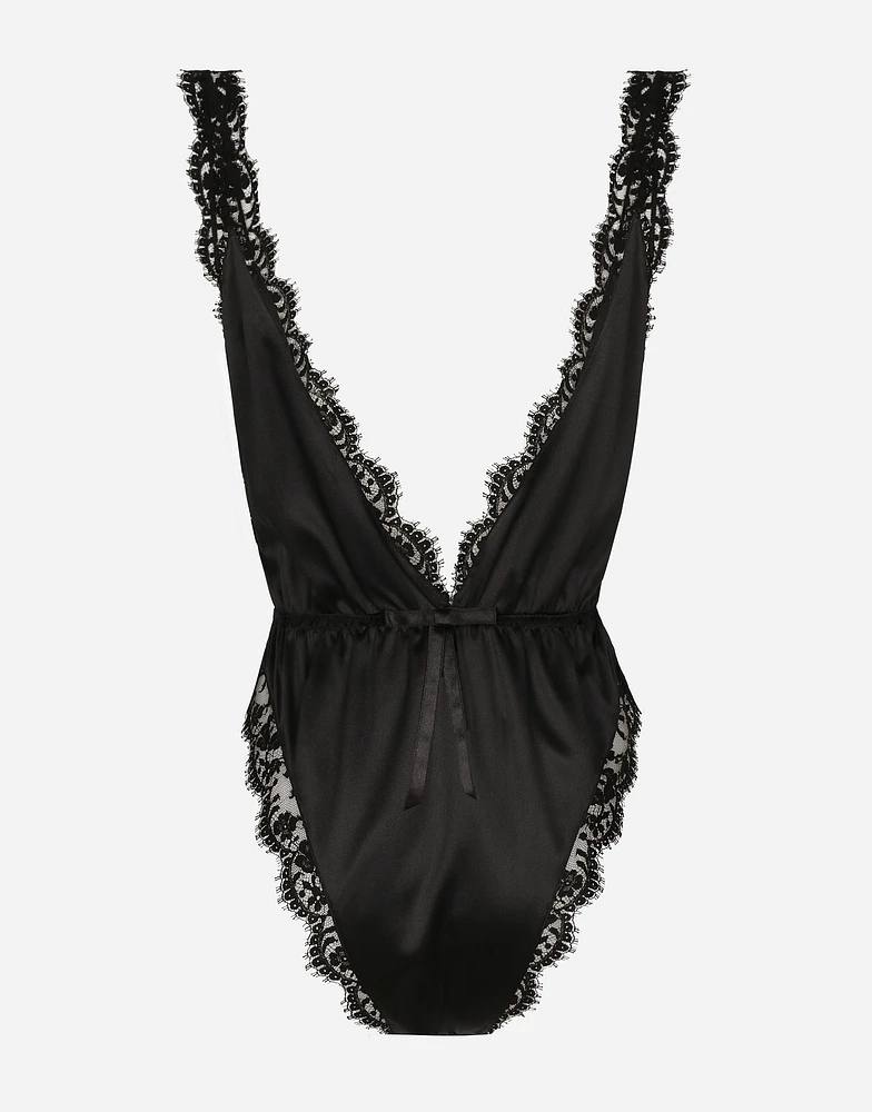 Lace and satin bodysuit with high-cut leg