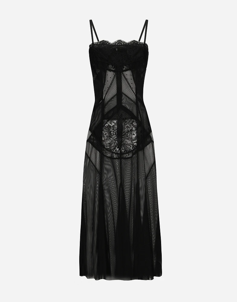 Tulle, mesh and lace calf-length slip dress