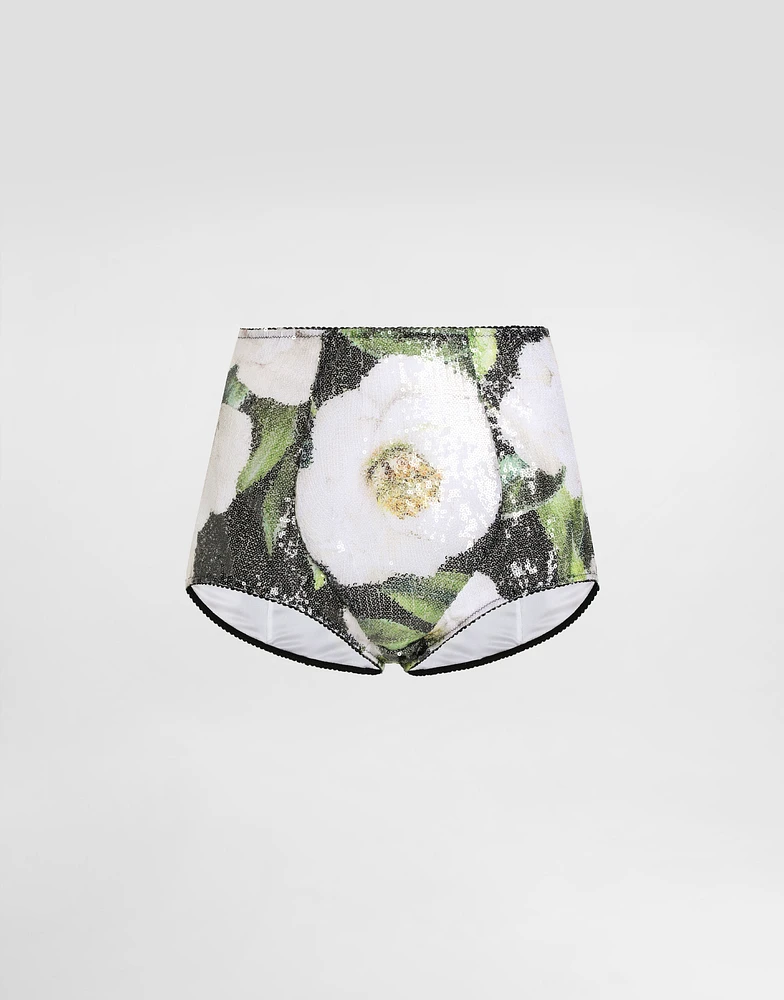 Sequin-embroidered cady high-waisted panties with gardenia print