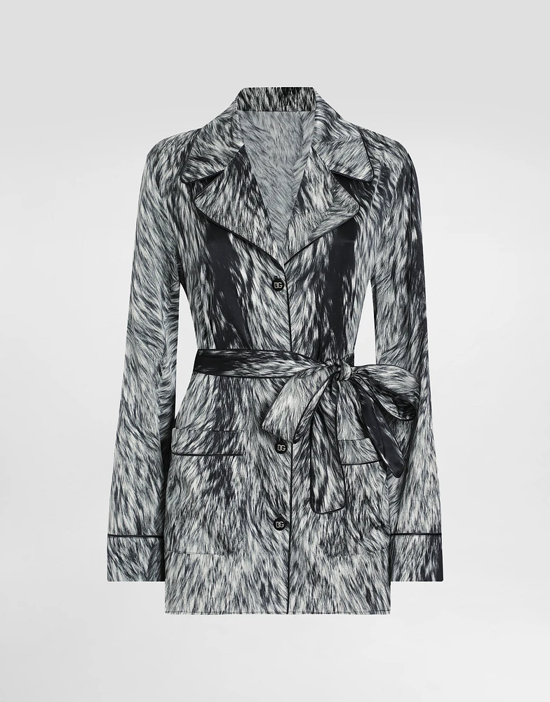 Silk satin pajama shirt with fur print