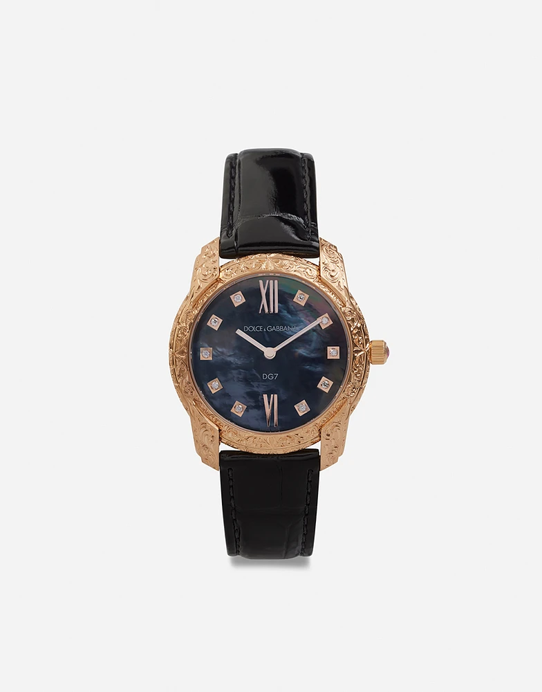 DG7 Gattopardo watch in red gold with black mother of pearl and diamonds