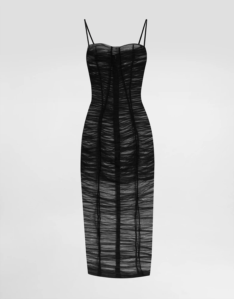 Tulle calf-length dress with draping