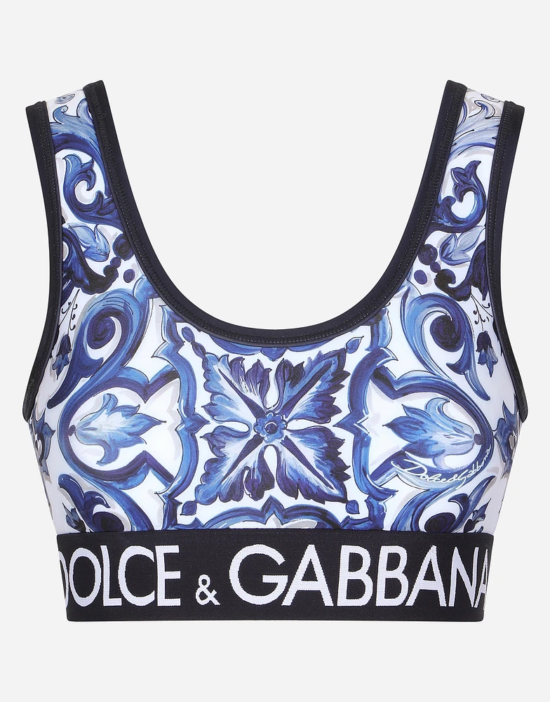 Majolica-print jersey top with branded elastic