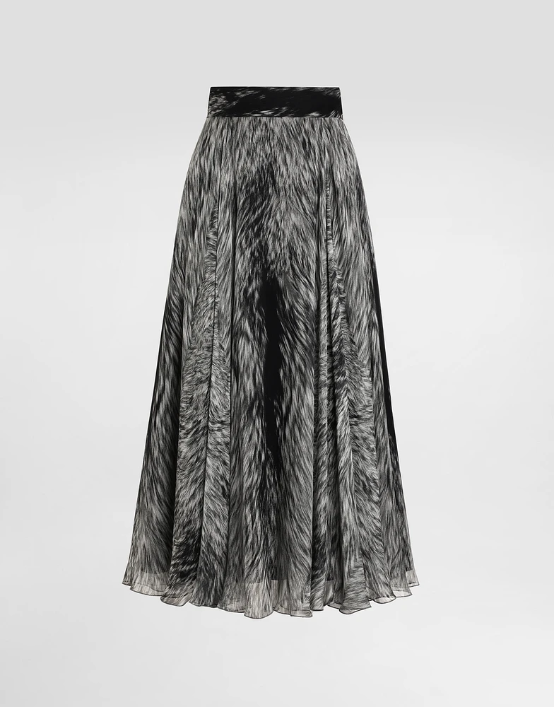 Chiffon calf-length circle skirt with fur print