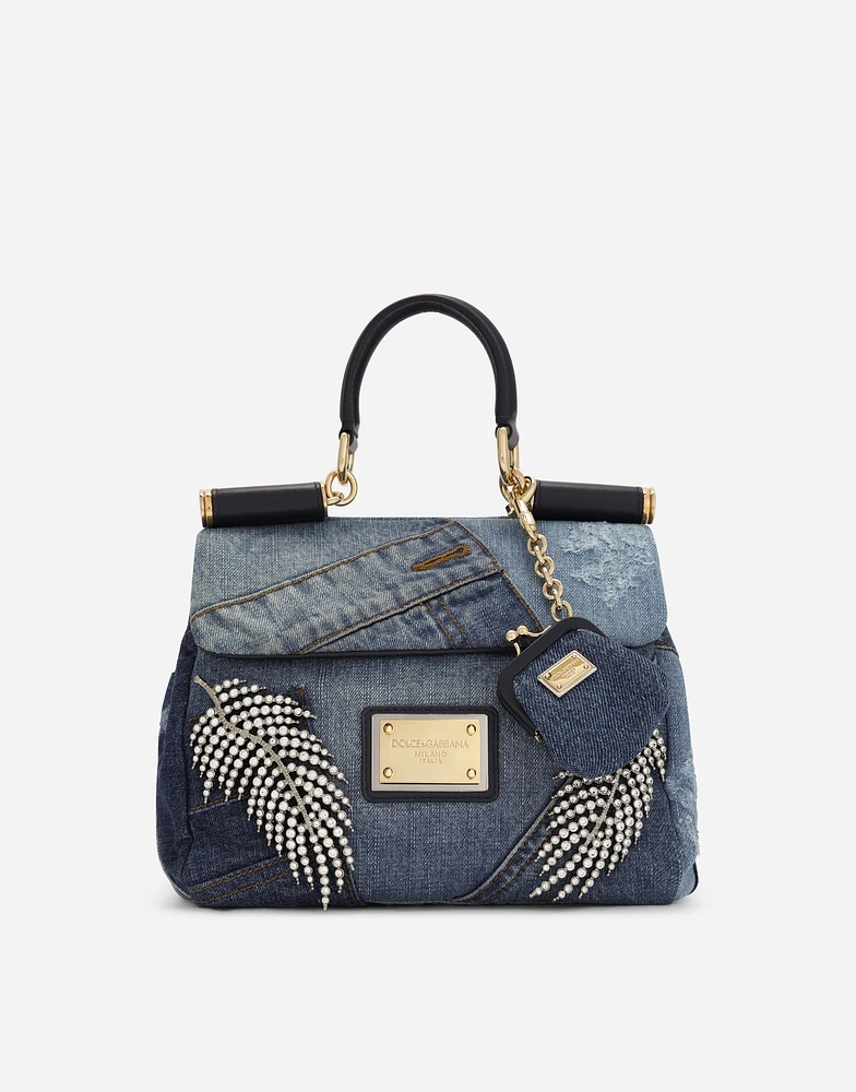 Small patchwork denim Sicily soft bag with embroidery