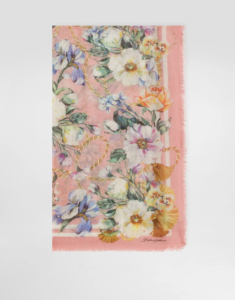 Large silk and cashmere scarf with floral print (140x140)