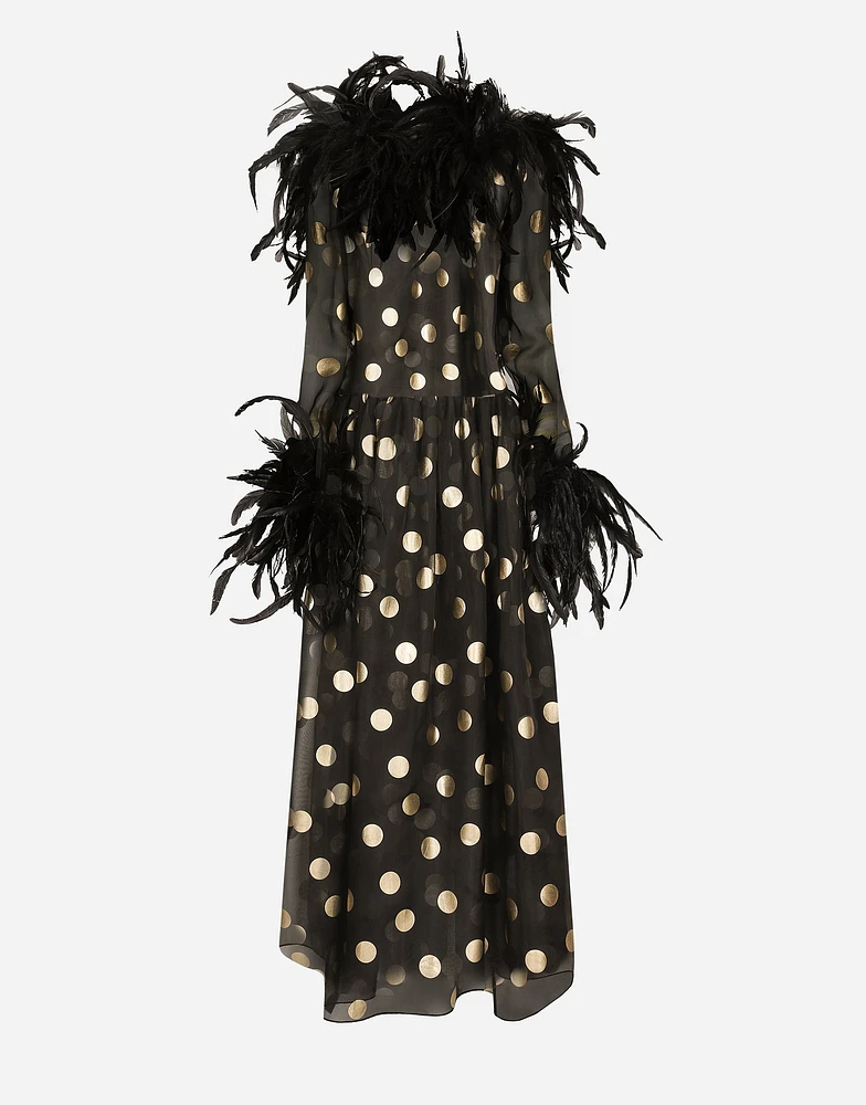 Long polka-dot silk organza dress with feathered details
