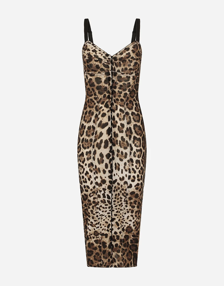 Marquisette calf-length dress with leopard print