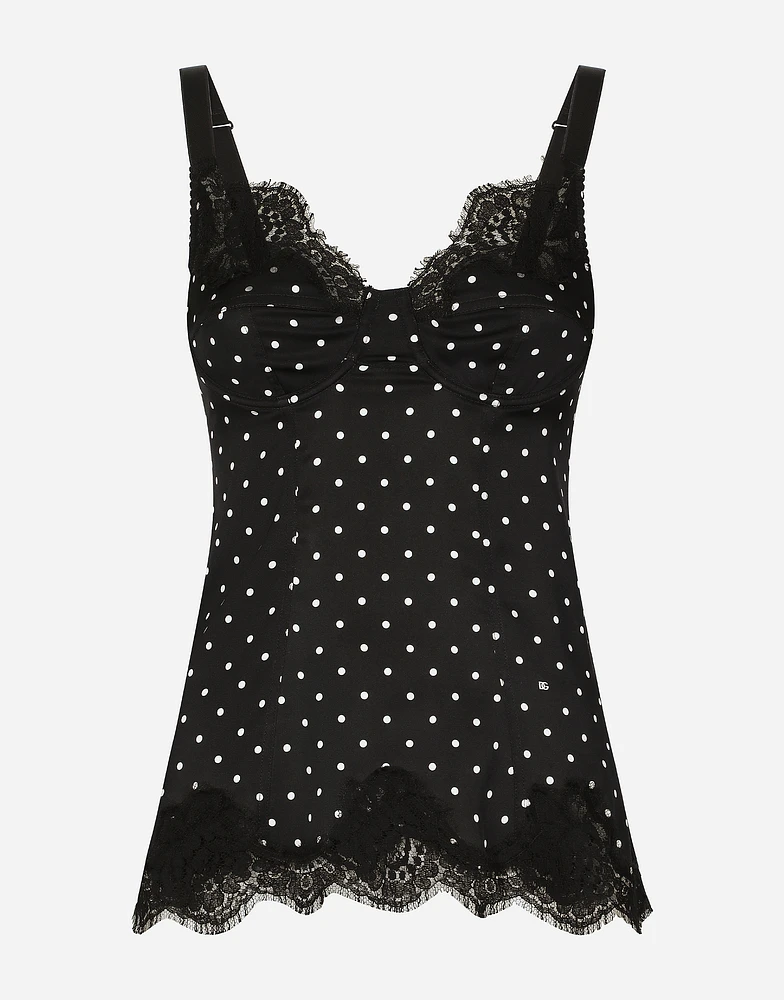 Silk lingerie-style top with polka-dot print and lace detailing